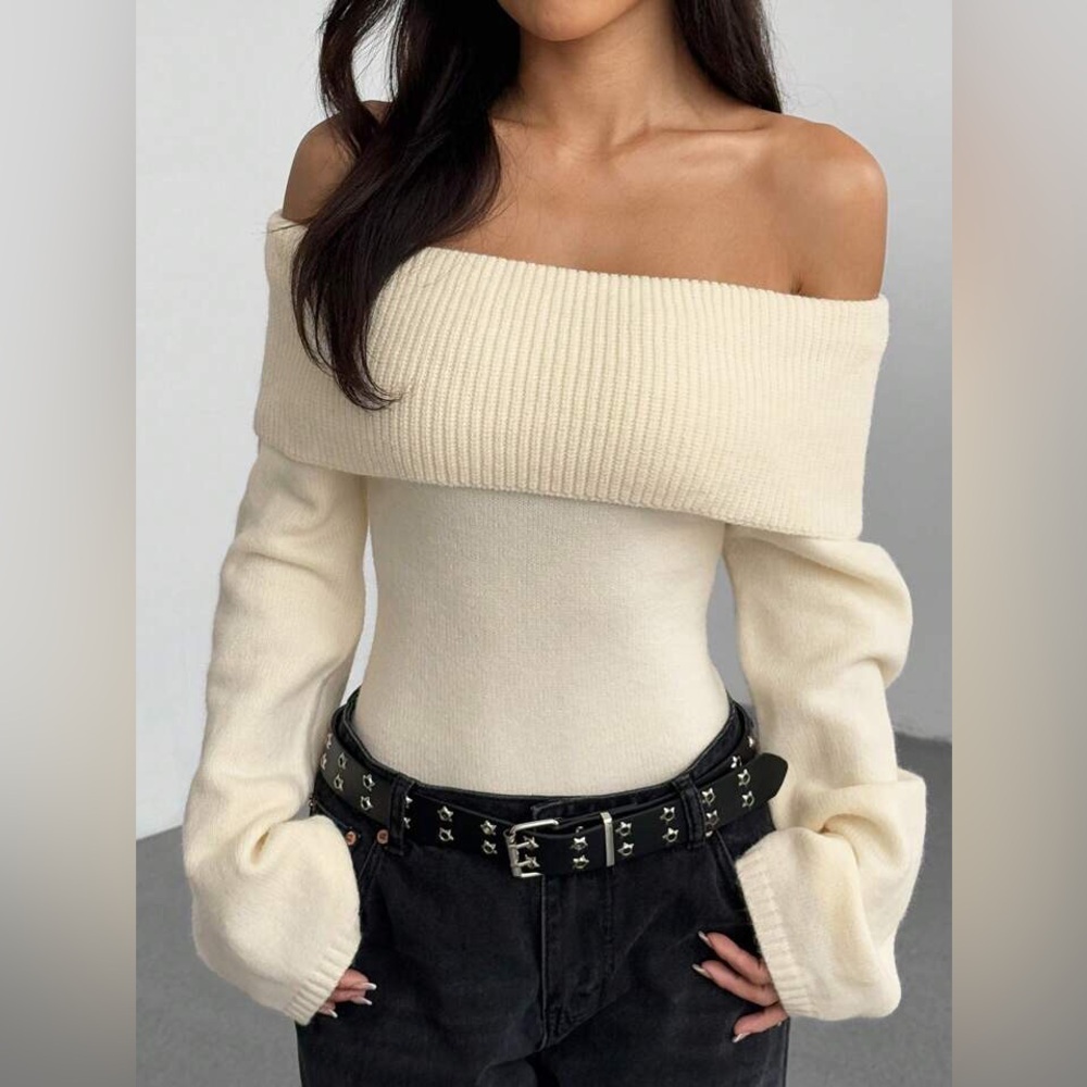 Off Shoulder Fold Over Sweater